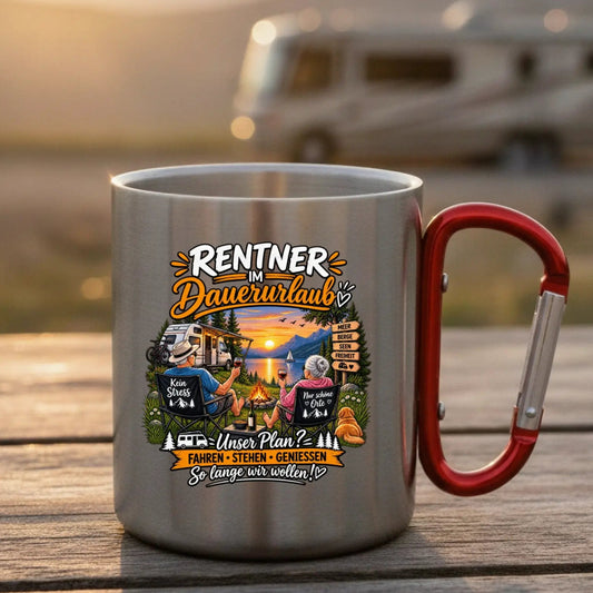 Rentner im Dauerurlaub Edelstahl-Tasse mit Karabiner