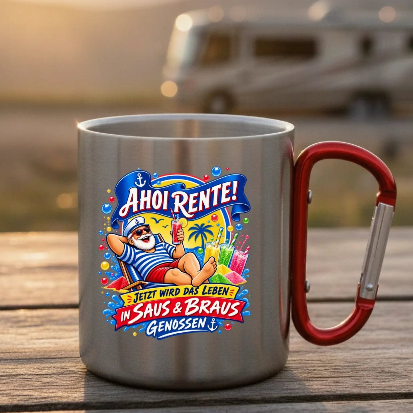 Ahoi Rente ! Edelstahl-Tasse mit Karabiner