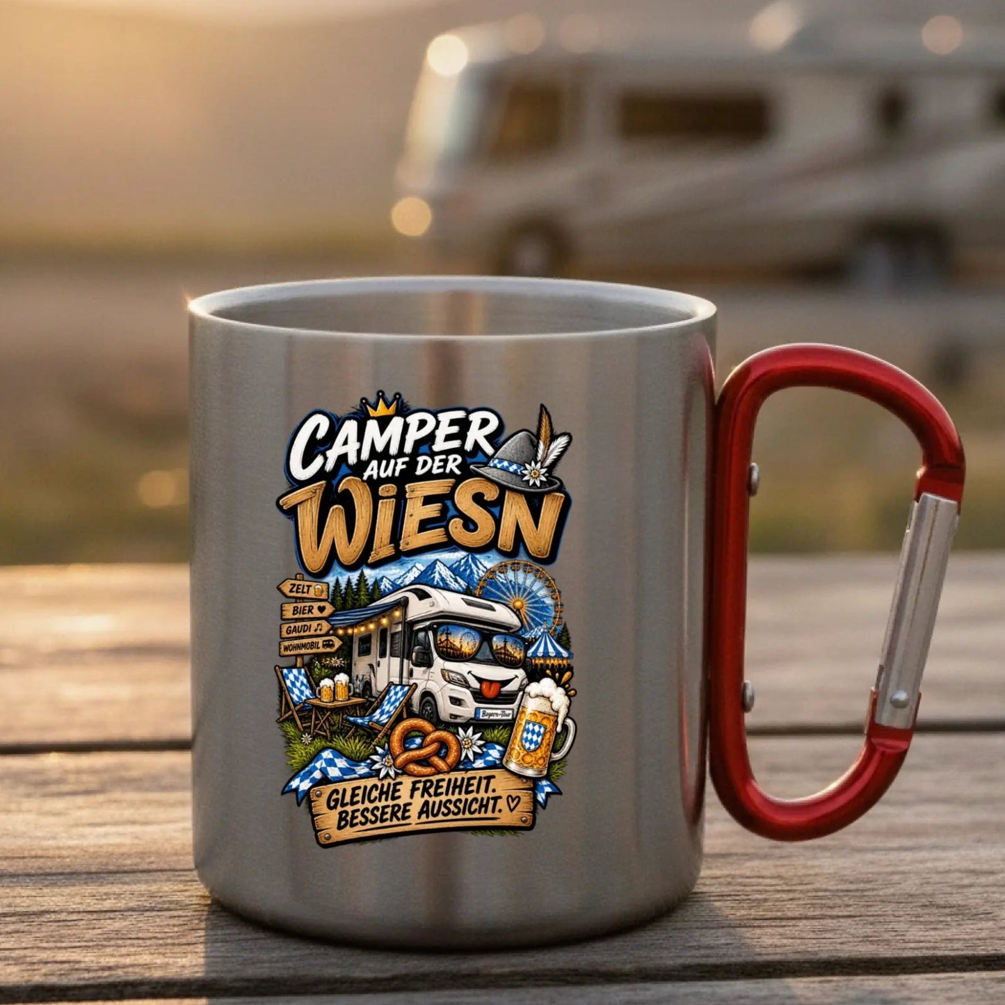 Camper auf der Wiesn Edelstahl-Tasse mit Karabiner