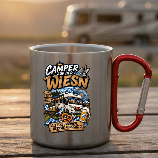 Camper auf der Wiesn Edelstahl-Tasse mit Karabiner