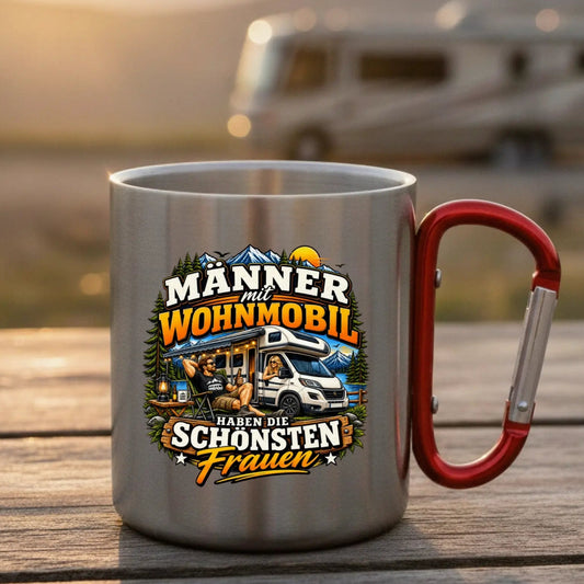 Männer mit Wohnmobil Edelstahl-Tasse mit Karabiner