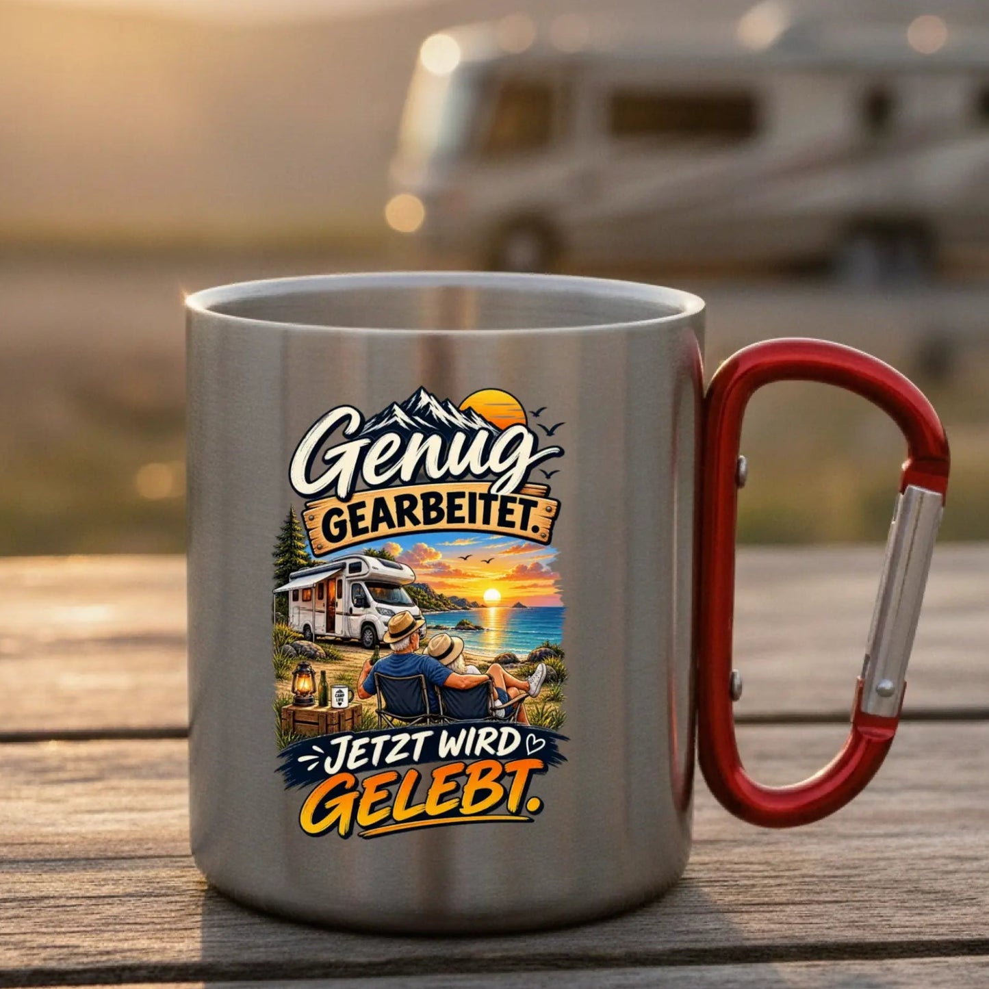 Genug gearbeitet Edelstahl-Tasse mit Karabiner