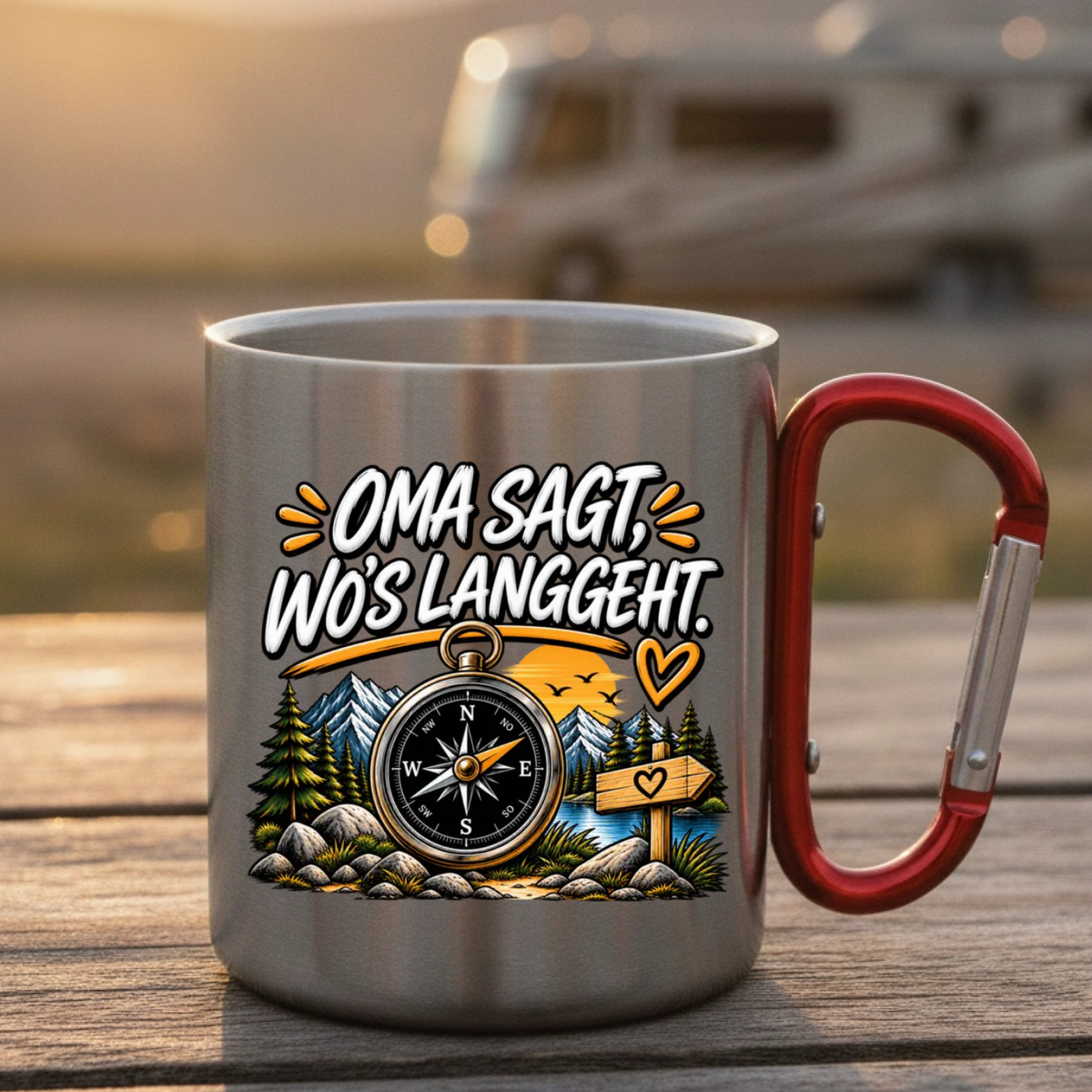 Oma sagt wos langgeht Edelstahl-Tasse mit Karabiner