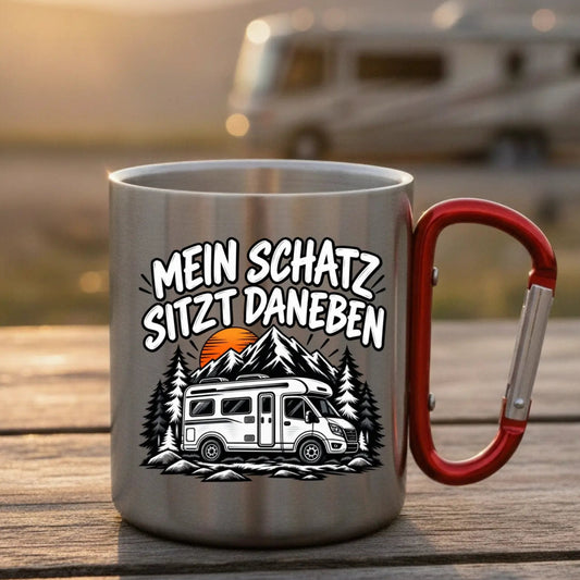 Mein Schatz sitzt Edelstahl-Tasse mit Karabiner
