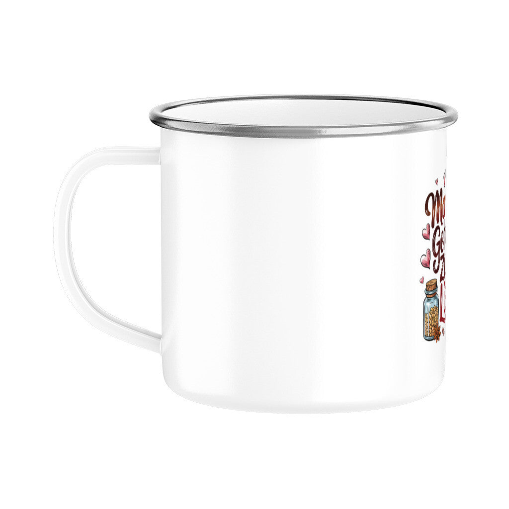 MUTTERTAG Emaille Tasse MAMAS GEHEIME ZUTAT LIEBE