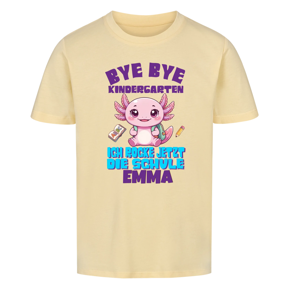 Personalisiertes Einschulungs-Shirt gelb mit Axolotl-Design – Bye Bye Kindergarten – Schulkind 2026