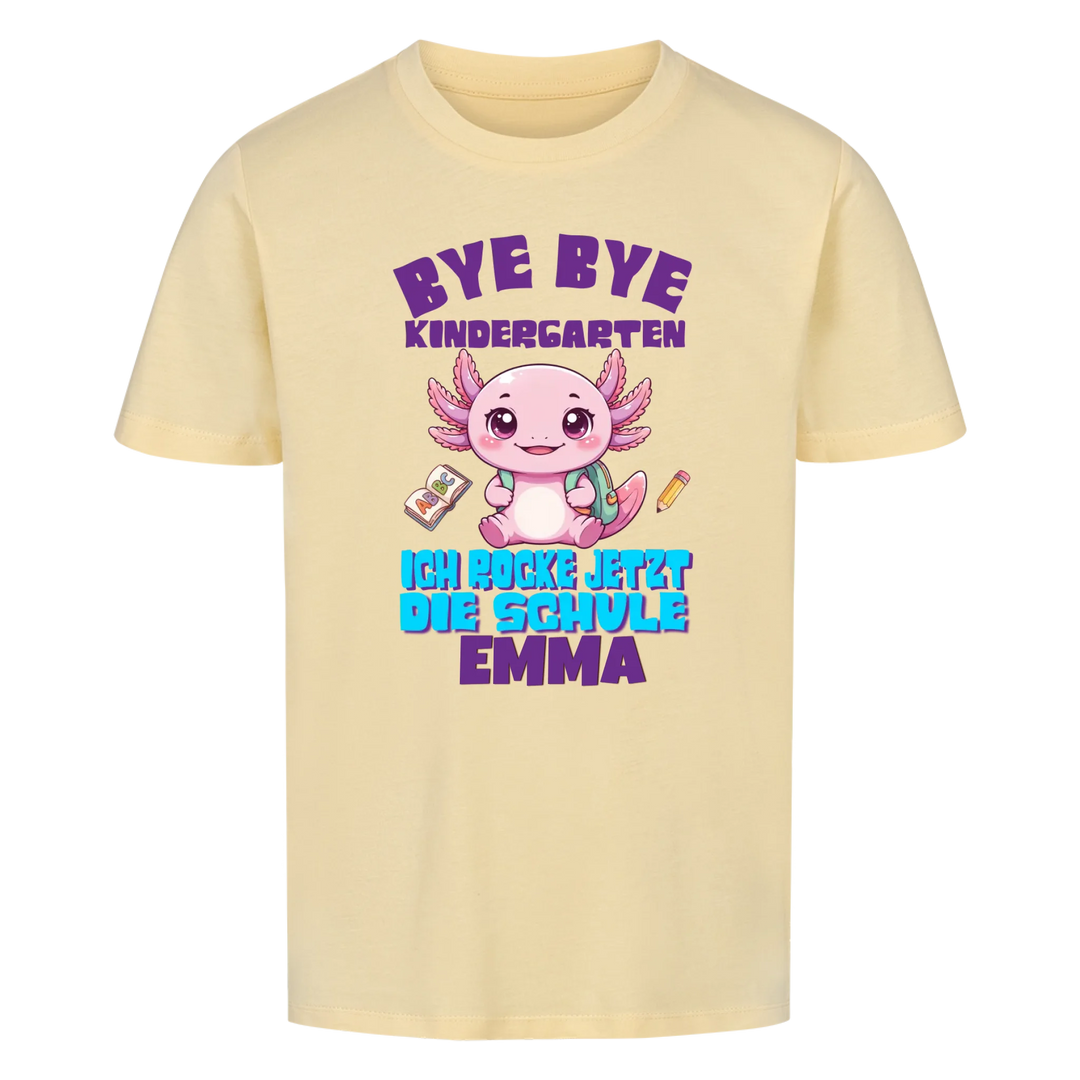Personalisiertes Einschulungs-Shirt gelb mit Axolotl-Design – Bye Bye Kindergarten – Schulkind 2026
