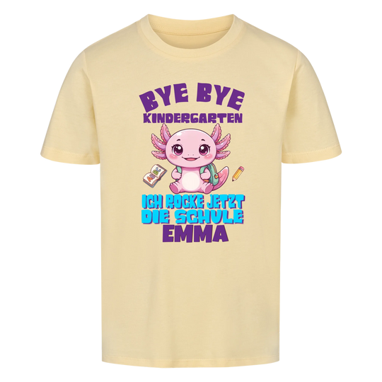 Personalisiertes Einschulungs-Shirt gelb mit Axolotl-Design – Bye Bye Kindergarten – Schulkind 2026