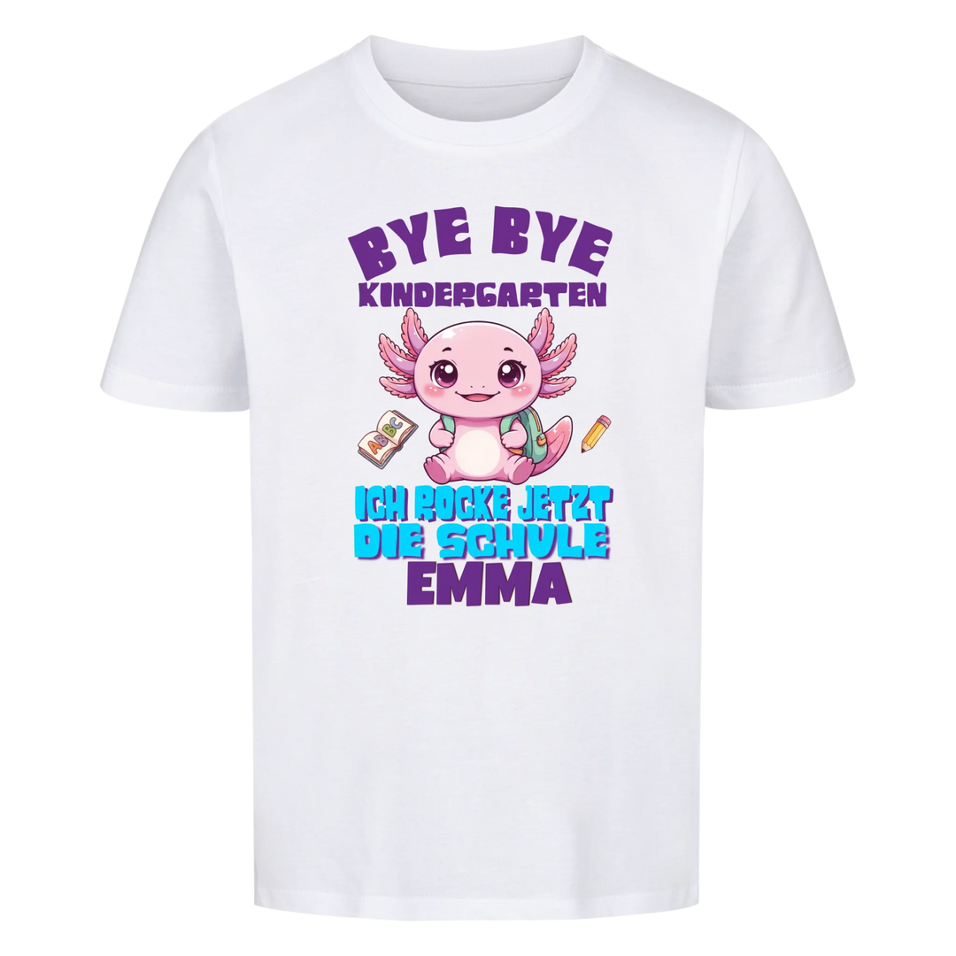 Personalisiertes Einschulungs-Shirt weiß mit Axolotl und Name Emma – Schulkind 2026