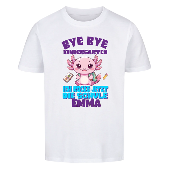 Personalisiertes Einschulungs-Shirt weiß mit Axolotl und Name Emma – Schulkind 2026