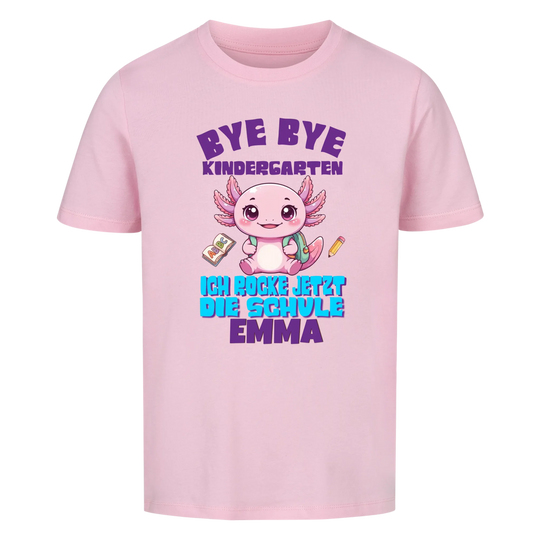 Personalisiertes Einschulungs-Shirt pink mit Axolotl-Design und Name – Mädchen Schulanfang 2026