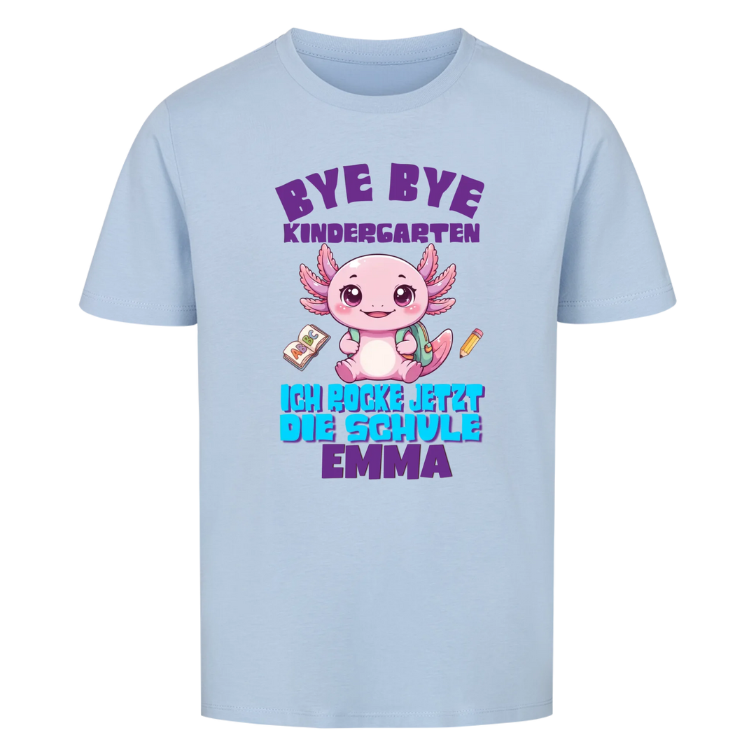Personalisiertes Einschulungs-Shirt blau mit Axolotl und personalisiertem Namen – erster Schultag 2026