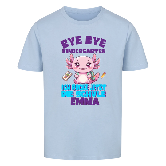 Personalisiertes Einschulungs-Shirt blau mit Axolotl und personalisiertem Namen – erster Schultag 2026