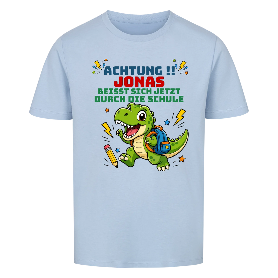 Einschulungs-Shirt Jungen personalisiert mit Name – Dino Achtung – Schulkind 2026