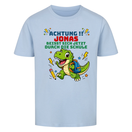 Einschulungs-Shirt Jungen personalisiert mit Name – Dino Achtung – Schulkind 2026