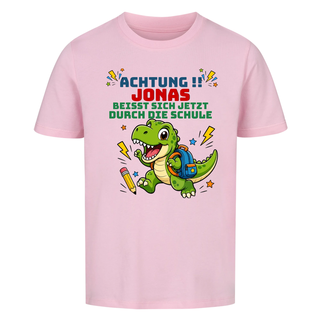 Einschulungs-Shirt Jungen personalisiert mit Name – Dino Achtung – Schulkind 2026