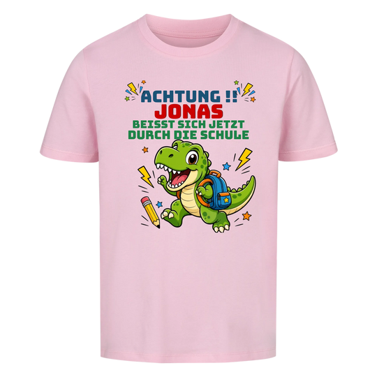 Einschulungs-Shirt Jungen personalisiert mit Name – Dino Achtung – Schulkind 2026