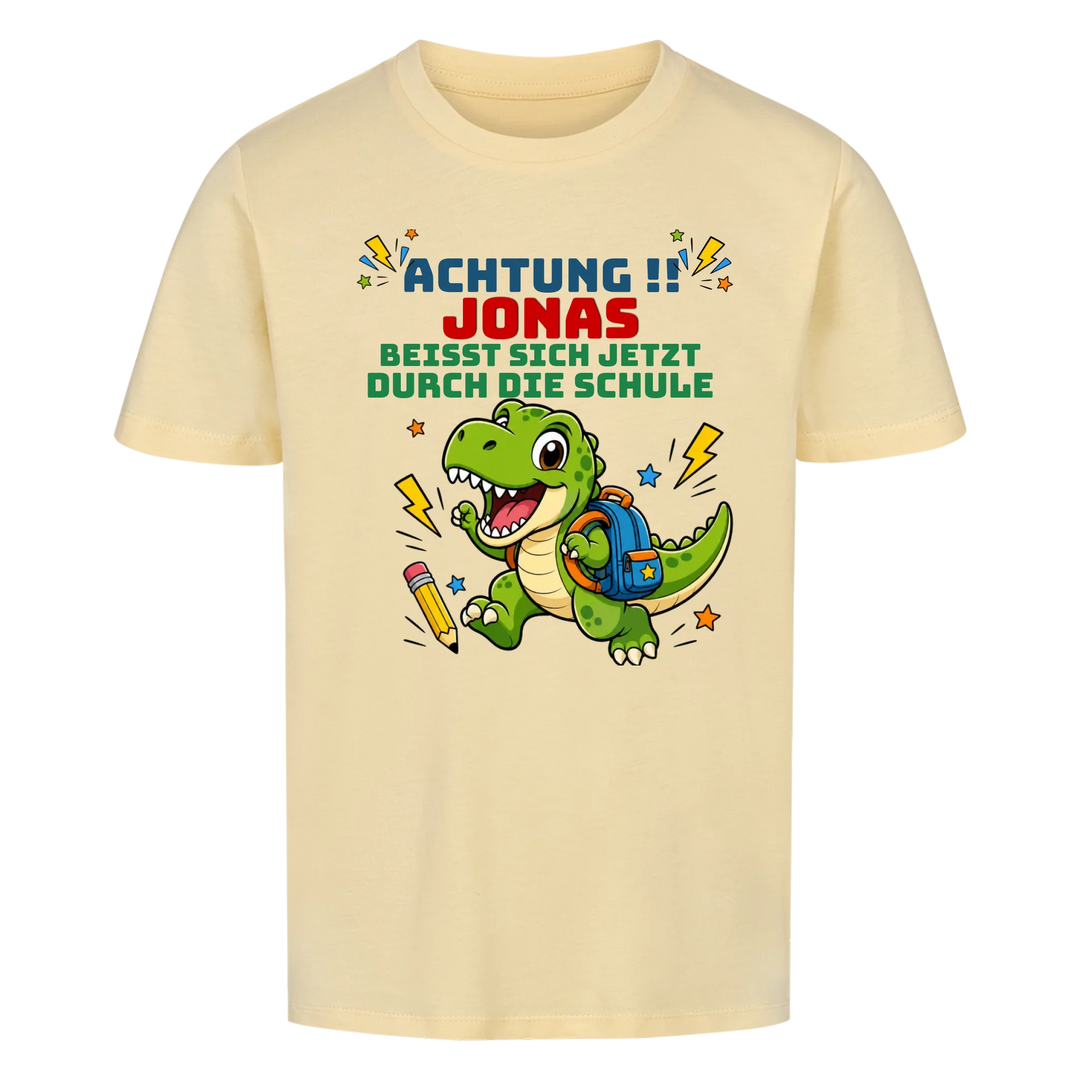 Einschulungs-Shirt Jungen personalisiert mit Name – Dino Achtung – Schulkind 2026
