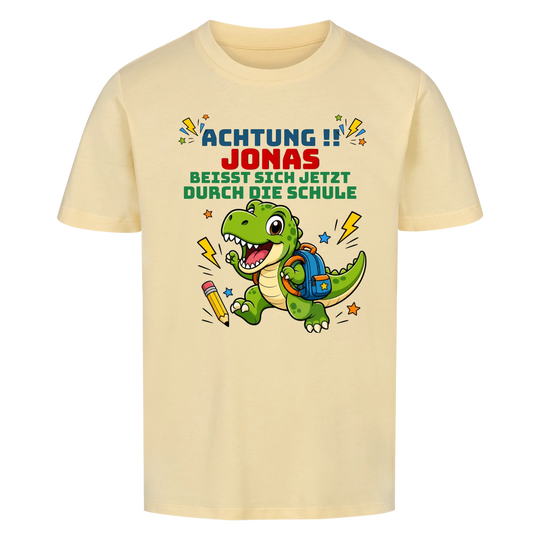 Einschulungs-Shirt Jungen personalisiert mit Name – Dino Achtung – Schulkind 2026