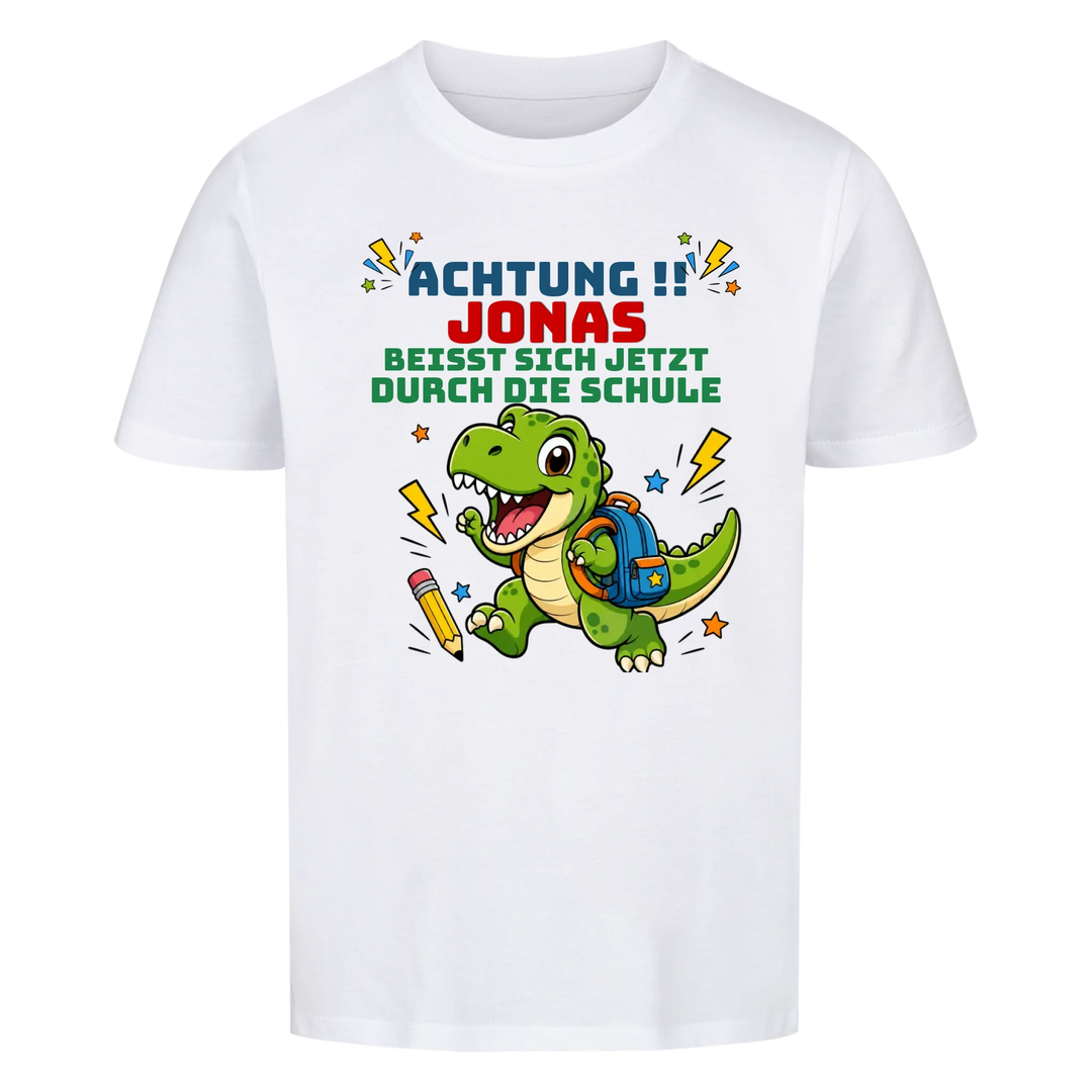 Einschulungs-Shirt Jungen personalisiert mit Name – Dino Achtung – Schulkind 2026