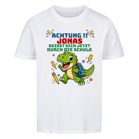 Einschulungs-Shirt Jungen personalisiert mit Name – Dino Achtung – Schulkind 2026