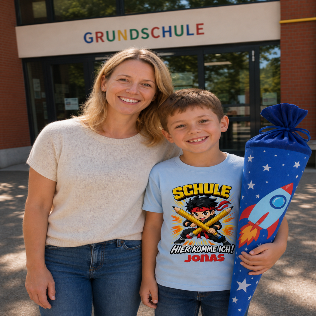 Schule, hier komme ich! – Personalisiertes T-Shirt zur Einschulung mit Name